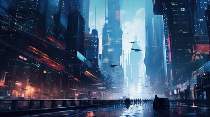 Neon Dreams: A Glimpse into the Dazzling Futuristic Cityscape of a Cyberpunk Metropolis - obrazy, fototapety, plakaty