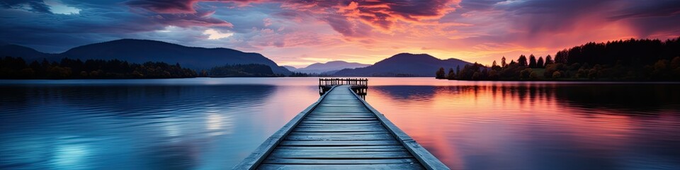 panorama landscape of endless pier during sunset over alake - obrazy, fototapety, plakaty