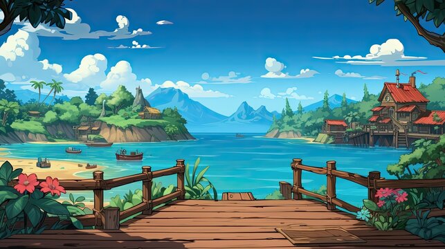 Fototapeta cartoon of view from end of pier showing sea city and mountains