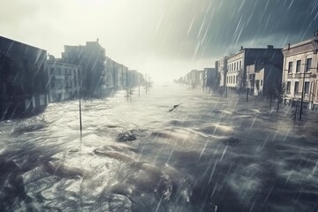 City devastated by a storm and flood, with buildings and roads destroyed due to extremely severe weather conditions, missile strike or war. - obrazy, fototapety, plakaty