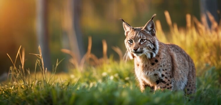 a close up of a cat in a field of grass with trees in the background and sunlight shining down on the cat's head and the cat's fur.