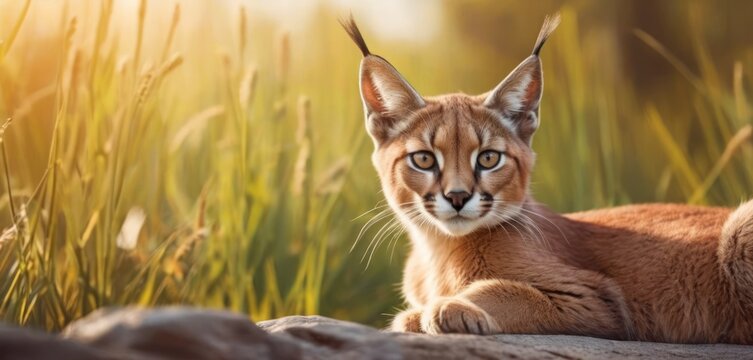 a close up of a cat laying on a rock in a field of tall grass with the sun shining on it's face and behind it's head.