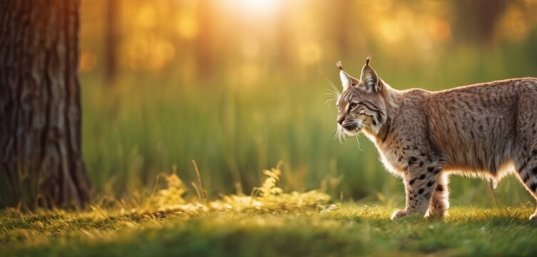 a close up of a cat in a field of grass near a tree with the sun shining through the trees and behind it is a blurry background of grass.