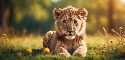  a young lion cub is sitting in a field of grass and yellow flowers, looking at the camera with a...