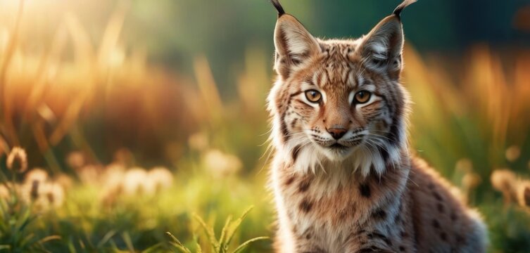 a close up of a cat in a field of grass with the sun shining on it's face and behind it is a blurry background of grass and a blurry background.