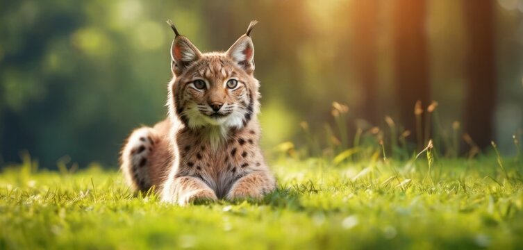 a close up of a cat laying in a field of grass with trees in the backgrouund and sunlight shining through the trees in the backgrouund.