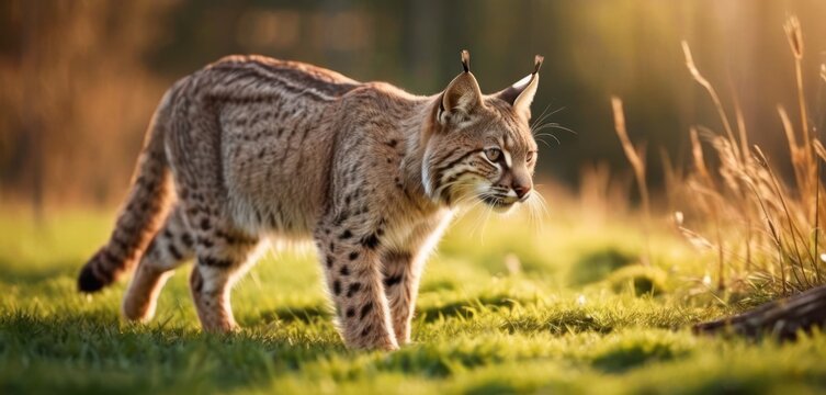 a close up of a cat in a field of grass with trees in the back ground and sunlight shining on the cat's back end of the cat's head.