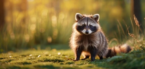  a close up of a raccoon in a field of grass with trees in the background and sunlight coming through the trees to the grass and the foreground. - obrazy, fototapety, plakaty