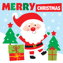 Cute Santa Claus with Christmas Tree and Gifts
