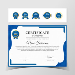 Certificate of appreciation template, blue and black color. Clean modern certificate with gold badge.