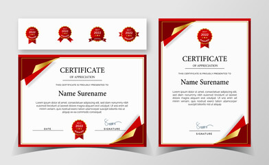 Certificate of appreciation template, red and gold color. Clean modern certificate with gold badge