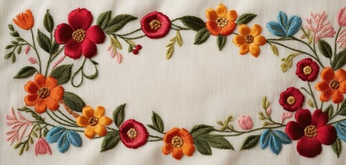  a close up of a piece of cloth with flowers and leaves on a white cloth with a red, orange, yellow, and blue flowered design on it. - obrazy, fototapety, plakaty