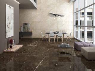 Luxury bright studio room interior with dining table, cupboard, beige and gray wall, marble hardwood floor, coffee table, panoramic window, sofa. Concept of minimalist design. 3D Rendering