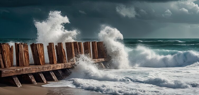  waves crashing over a wooden pier on a beach under a dark sky with a storm coming in over the ocean and a dark cloud filled sky with dark clouds over the ocean.