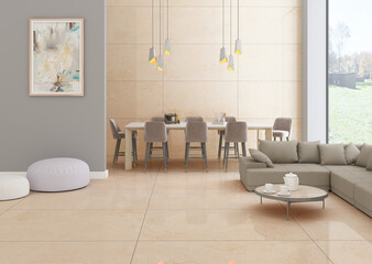 Modern living room and decorative mock up grey sofa and beige empty wall texture background interior design, coffee table, white poster on grey wall, hanging lights on dining table. 3D Rendering