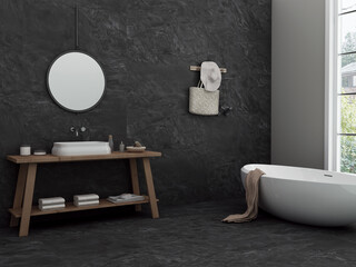 Minimalist bathroom interior, black marble concrete floor and gray and white walls, bathroom cabinet, white bathtub, white ceramic basin on wooden table and mirror above it. 3D Rendering