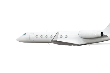 White modern luxury private jet flying isolated