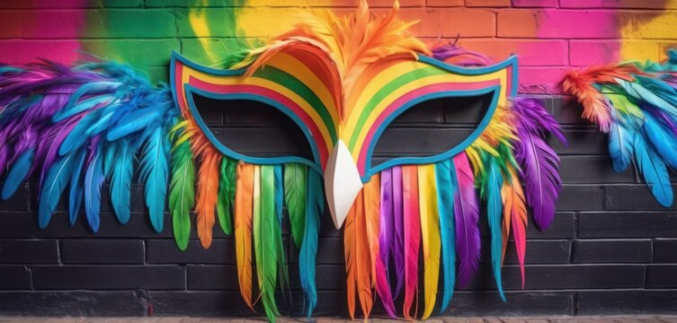  A Colorful Mask With Feathers Hanging From It's Sides On A Brick Wall In Front Of A Brick Wall With A Brick Wall Painted With A Multi - Colored Background.