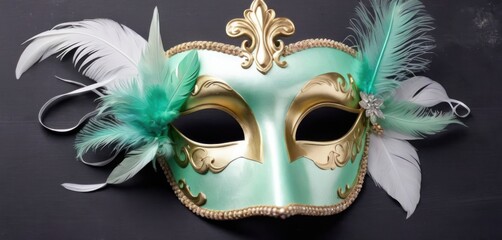  a green mask with feathers and a fleur de lis on the side of the mask with a fleur de lis on the side of the mask. - obrazy, fototapety, plakaty