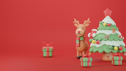 3D illustration, Mary Christmas and Happy New Year decorated with a Christmas tree, a reindeer, and colorful gift boxes on a red background.