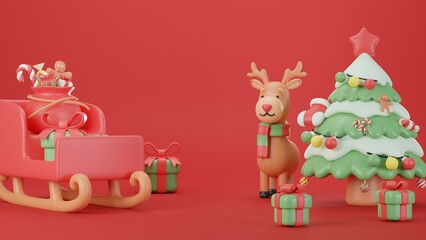 3D illustration, Mary Christmas and Happy New Year decorated with a Christmas tree on a sleigh, a reindeer and colorful gift boxes on a red background..