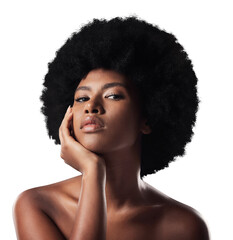 Skincare, beauty and portrait of black woman with afro on isolated, png and transparent background. Hair, aesthetic and face of African person with natural texture, growth and cosmetics for wellness