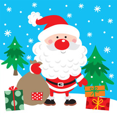 Cute Santa Claus Bring Sack and Christmas Tree background