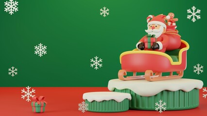 3D illustration, Mary Christmas and Happy New Year decorated with Santa Claus holding gift box on a sleigh, and podiums for display products on a green background.
