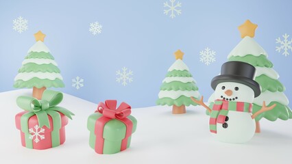 3D illustration, Mary Christmas and Happy New Year decorated with a Christmas tree, a snowman, gift boxes, and snowflakes on a snow floor.