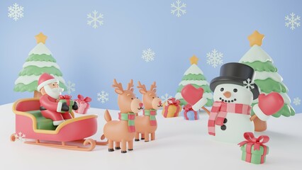 3D illustration, Mary Christmas and Happy New Year decorated with a Christmas tree, Santa Claus holding gift box on a sleigh, a snowman, a reindeer, and snowflakes on a snow floor.