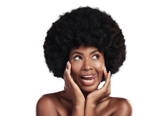Isolated African woman, afro hair care and tongue for funny smile, beauty and wellness by...
