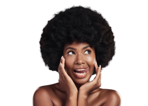 Isolated African woman, afro hair care and tongue for funny smile, beauty and wellness by transparent png background. Girl, natural hairstyle and thinking with ideas, memory or comic joke with health