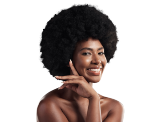 Portrait, skincare and happy black woman with natural beauty on isolated, transparent or png background. Face, smile and model with cosmetic, care or dermatology results, glowing skin or wellness