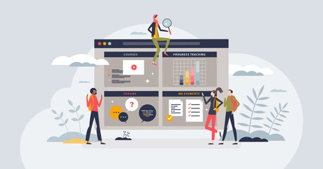 LMS or learning management system for e-learning study tiny person concept. Education training with online knowledge platform to track your progress and get skills assessments vector illustration.