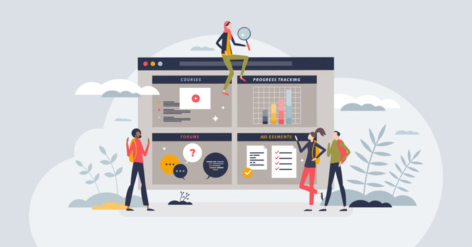 LMS or learning management system for e-learning study tiny person concept. Education training with online knowledge platform to track your progress and get skills assessments vector illustration.