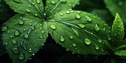Nature elixir. Close up of raindrops on vibrant green leaves beautiful macro composition reflecting essence of growth and freshness leaf