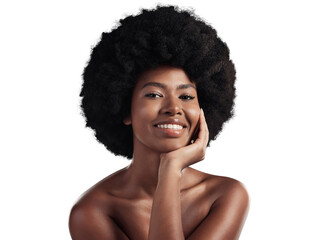 Skincare, portrait and happy black woman with natural beauty on isolated, transparent or png...