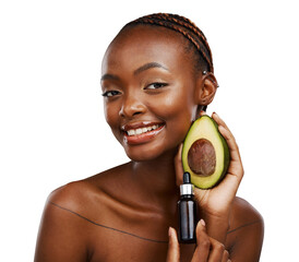 Skincare, portrait and black woman with avocado, oil or results on isolated, transparent or png...