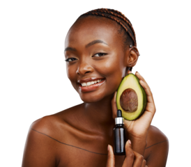 Skincare, portrait and black woman with avocado, oil or results on isolated, transparent or png background. Beauty, face and happy model with product for dermatology, wellness or omega 3 facial