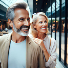 happy and smiling middle aged couple out shopping - 685478348