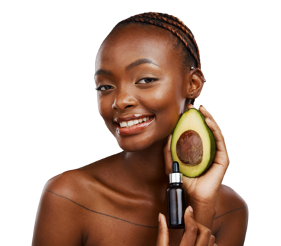 Skincare, portrait and black woman with avocado, oil or results on isolated, transparent or png background. Beauty, face and happy model with product for dermatology, wellness or omega 3 facial