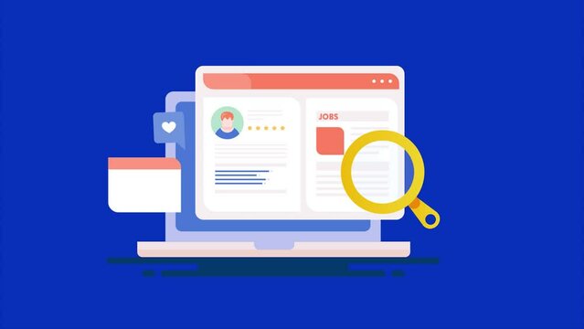 Online job search interview, hr department analysing candidate cv profile, employee recruitment process video animation 2d clip.