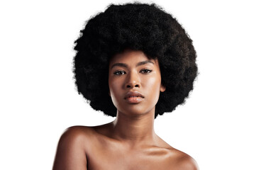 Hair, beauty and portrait of black woman with afro on isolated, png and transparent background....