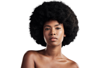 Hair, beauty and portrait of black woman with afro on isolated, png and transparent background. Skincare, aesthetic and face of African person with natural texture, growth and cosmetics for wellness