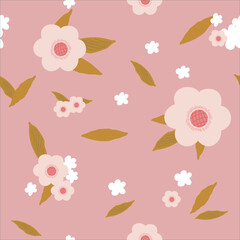 Abstract flower seamless pattern blooming on pink background. Repeating floral vector design for wallpaper, print and card.