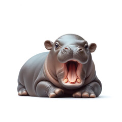 cute and adorable baby hippo yawning on white - obrazy, fototapety, plakaty