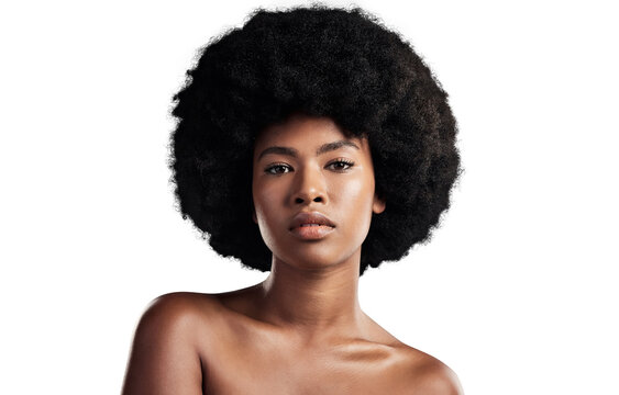 Hair, beauty and portrait of black woman with afro on isolated, png and transparent background. Skincare, aesthetic and face of African person with natural texture, growth and cosmetics for wellness