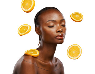 Beauty, face and black woman with orange fruit for citrus skincare, vitamin c detox and natural wellness. Healthy food, self care and nutritionist eyes closed isolated on transparent, png background - obrazy, fototapety, plakaty