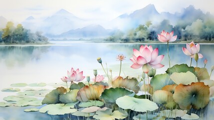 Fototapeta na wymiar lotus flower on a lake with mountain landscape watercolor painting