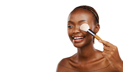 Isolated African woman, eye shadow brush or happy for beauty, wellness or vision by transparent png...